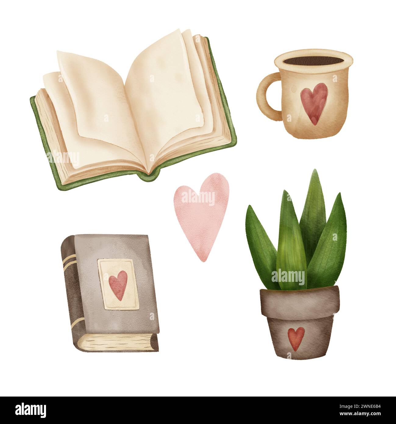 Reading lovers cute hand drawn set. Books and cozy things. Colorful open and closed books, hobby, cups with coffee or tea, home plant. Watercolor. For Stock Photo