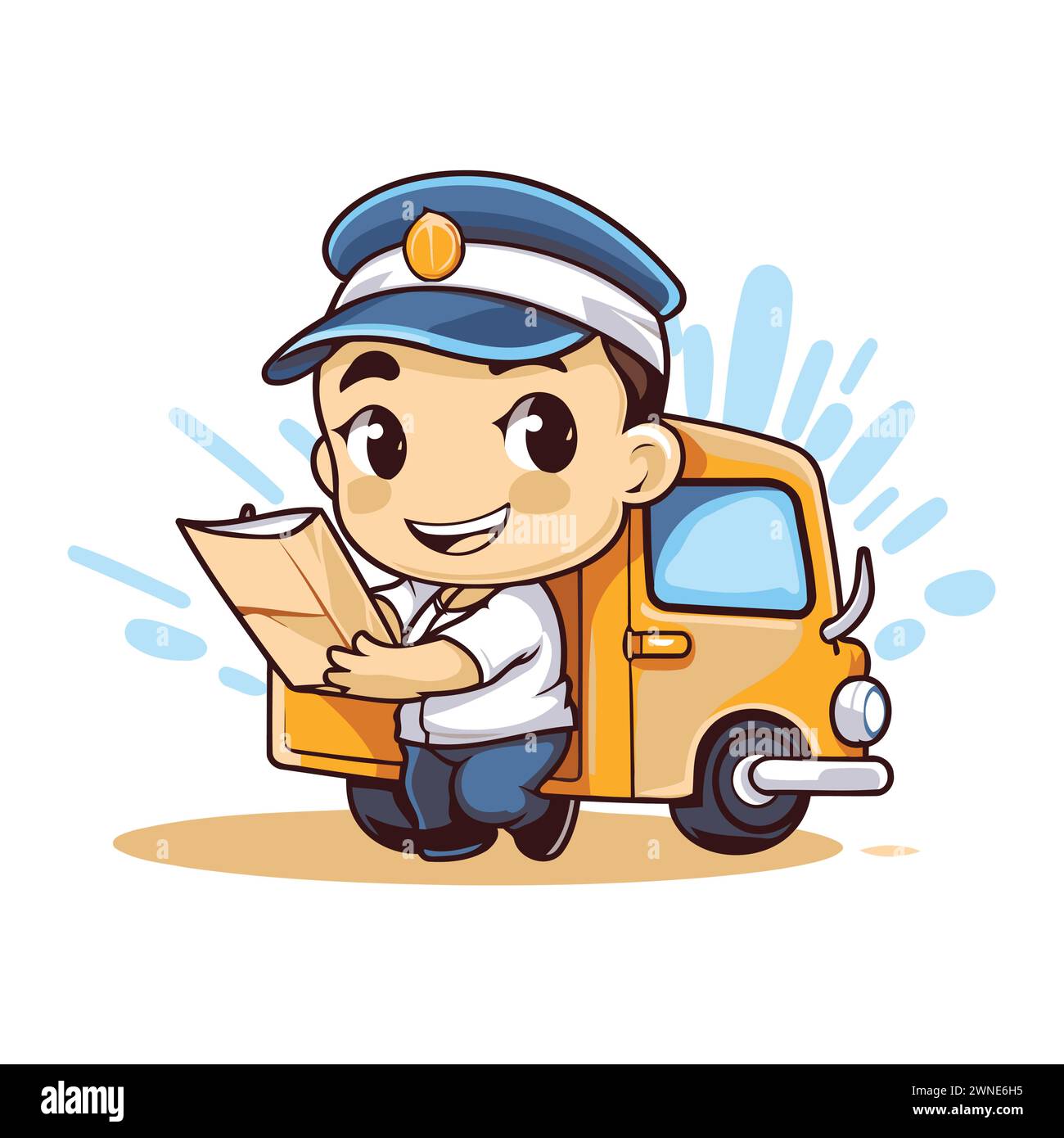 Cute boy in police uniform delivering a letter. Vector character illustration. Stock Vector