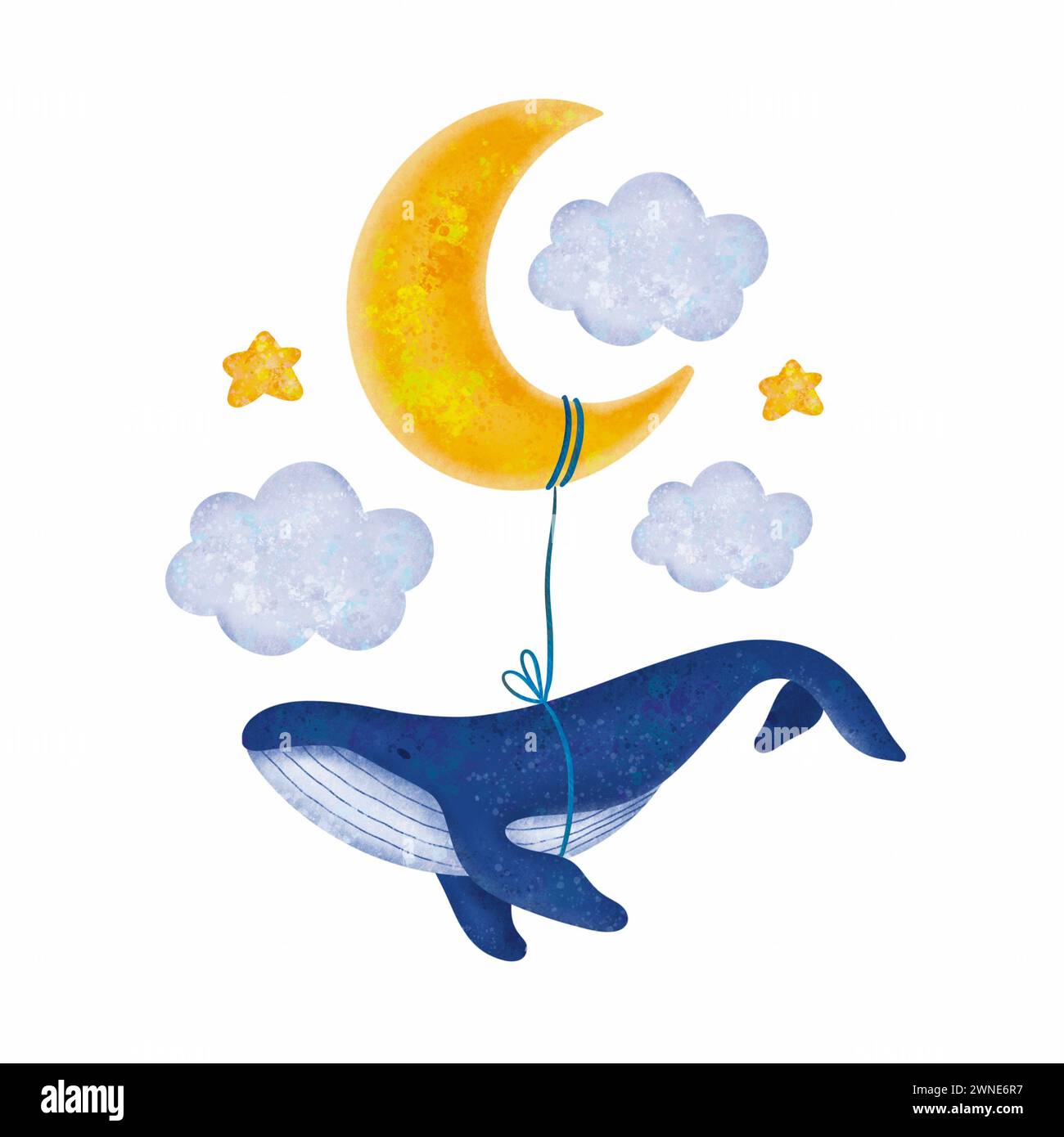 Composition of a whale flying on the moon among clouds and stars. Dreamy illustration. Nursery art. World whale day. Perfect for baby shower, birthday Stock Photo