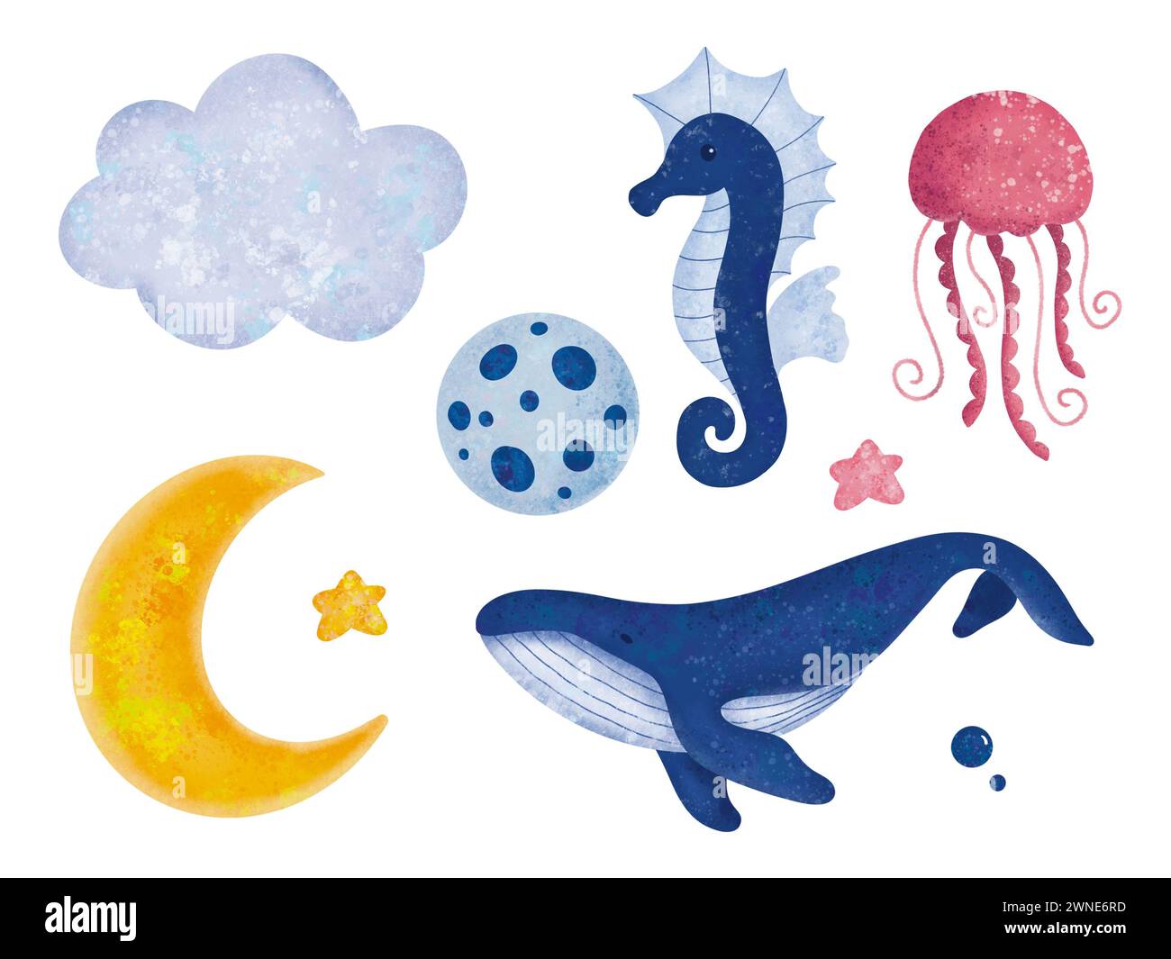 A set of drawings of marine animals dreamy illustration. Whale, sea jelly, sea horse with stars, cloud and moon. Nursery art. World whale day. Perfect Stock Photo