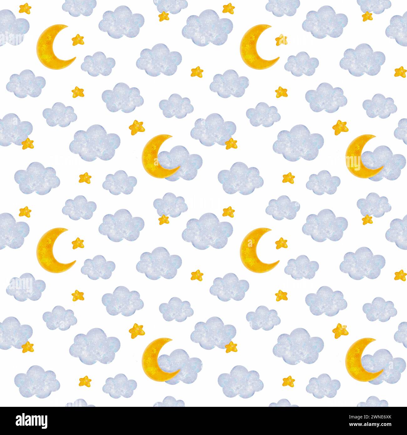 Seamless pattern clouds, moon and stars on white. Dreamy illustration ...