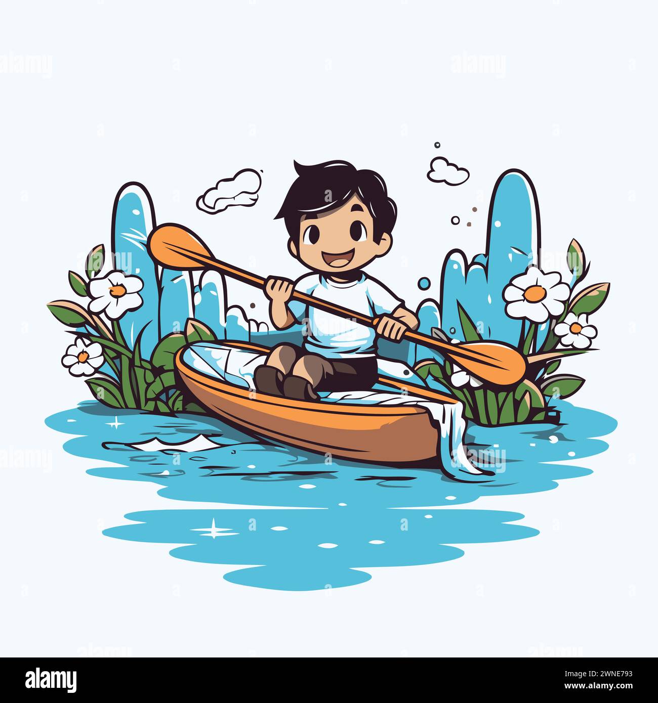 Boy rowing a boat in the river. Cartoon vector illustration Stock