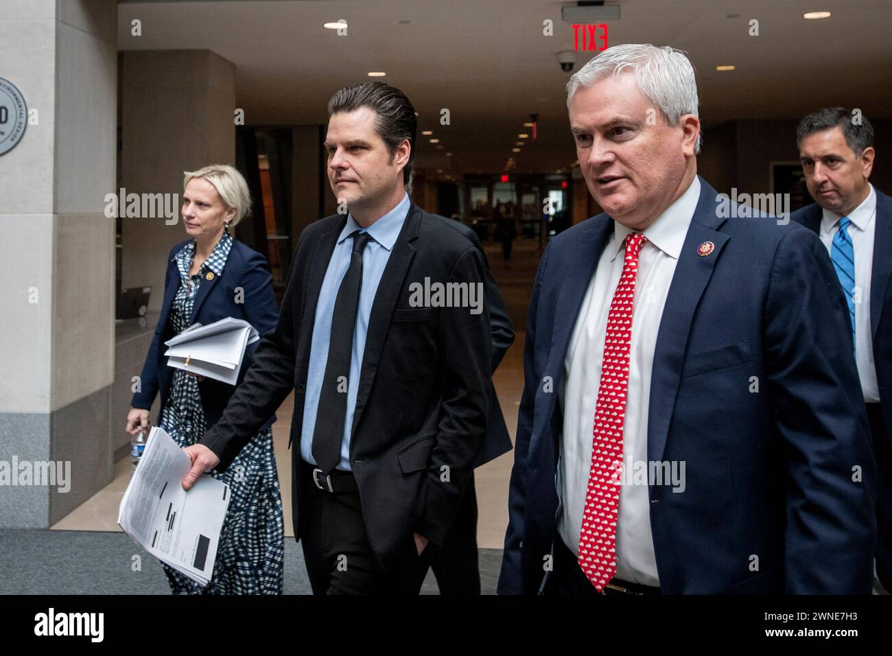 From left to right: United States Representative Victoria Spartz (Republican of Indiana), US Representative Matt Gaetz (Republican of Florida), and US Representative James Comer (Republican of Kentucky), Chair, US House Committee on Oversight and Accountability, right, depart the US House Committee on Oversight, Judiciary, and Ways & Means impeachment inquiry against United States President Joe Biden at the Thomas P. ONeill Jr. House Office Building in Washington, DC, Tuesday, January 30, 2024. Credit: Rod Lamkey/CNP for NY Post (RESTRICTION: NO Daily Mail. NO New York or New Jersey Newspap Stock Photo