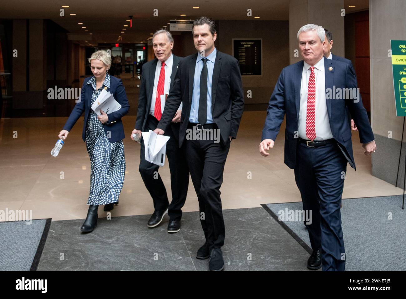 From left to right: United States Representative Victoria Spartz (Republican of Indiana), US Representative Andy Biggs (Republican of Arizona), US Representative Matt Gaetz (Republican of Florida), and US Representative James Comer (Republican of Kentucky), Chair, US House Committee on Oversight and Accountability, right, depart the US House Committee on Oversight, Judiciary, and Ways & Means impeachment inquiry against United States President Joe Biden at the Thomas P. ONeill Jr. House Office Building in Washington, DC, Tuesday, January 30, 2024. Credit: Rod Lamkey/CNP for NY Post (RESTRIC Stock Photo