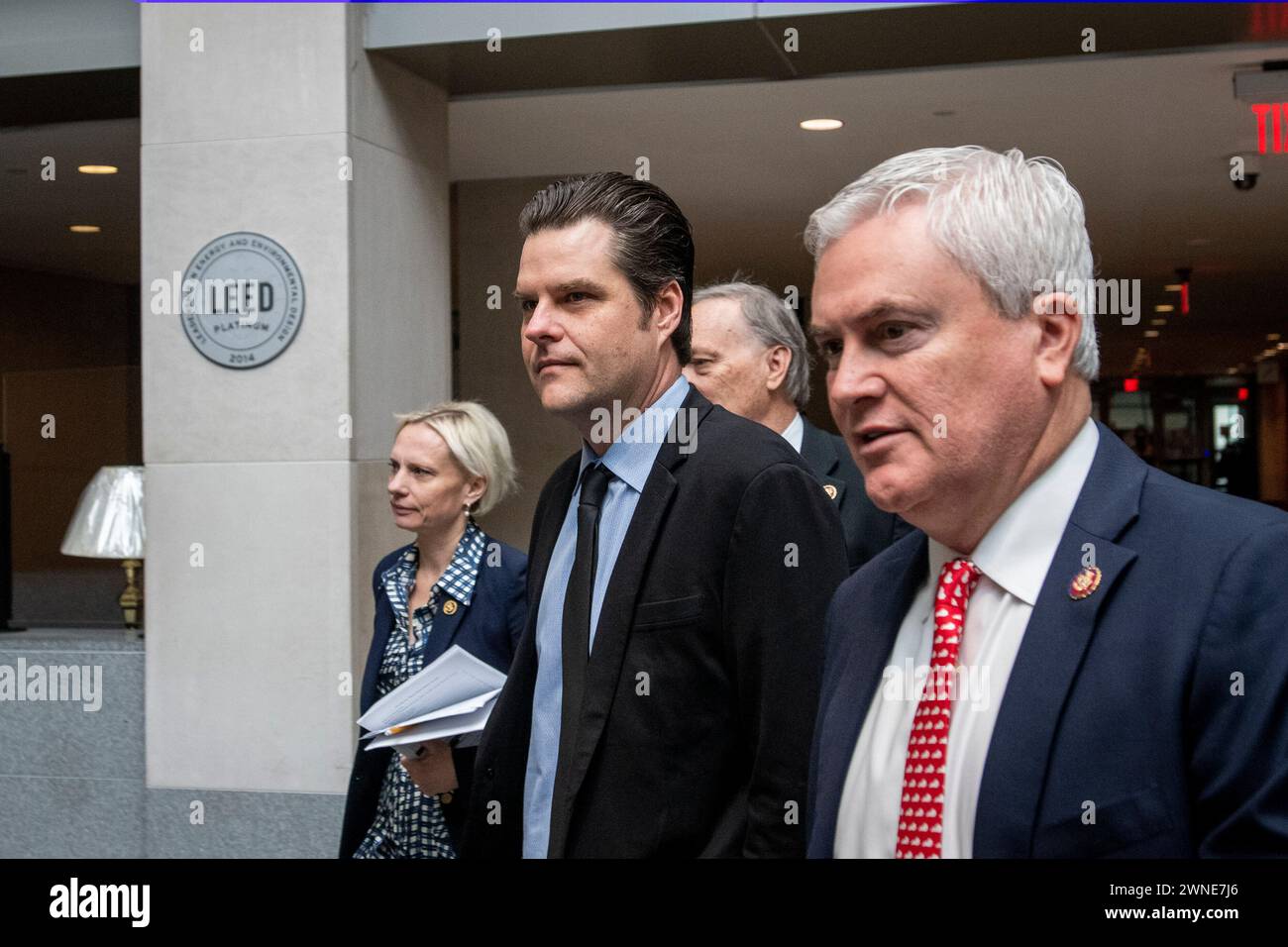 From left to right: United States Representative Victoria Spartz (Republican of Indiana), US Representative Matt Gaetz (Republican of Florida), and US Representative James Comer (Republican of Kentucky), Chair, US House Committee on Oversight and Accountability, right, depart the US House Committee on Oversight, Judiciary, and Ways & Means impeachment inquiry against United States President Joe Biden at the Thomas P. ONeill Jr. House Office Building in Washington, DC, Tuesday, January 30, 2024. Credit: Rod Lamkey/CNP for NY Post (RESTRICTION: NO Daily Mail. NO New York or New Jersey Newspap Stock Photo