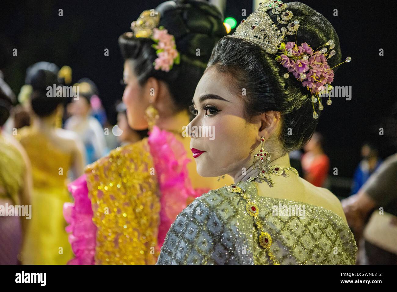 a Thai Women at Beauty Contest at Loy Krathong Festival in Town of Khong Chiam in Province of Ubon Ratchathani in Thailand.  Thailand, Khong Chiam, No Stock Photo