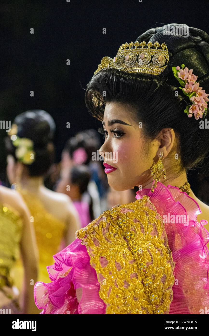 a Thai Women at Beauty Contest at Loy Krathong Festival in Town of Khong Chiam in Province of Ubon Ratchathani in Thailand.  Thailand, Khong Chiam, No Stock Photo