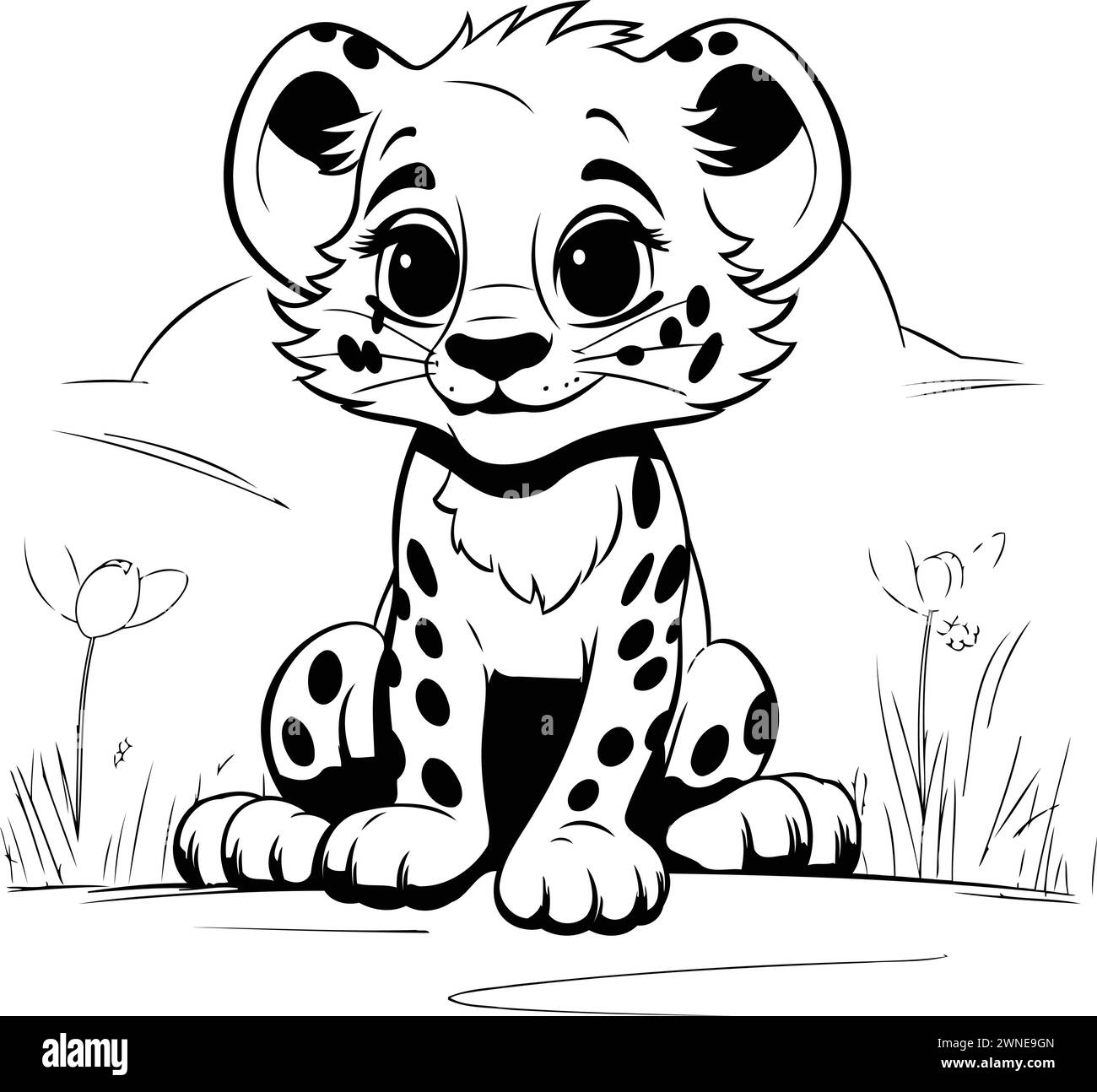Cute baby cheetah sitting in the grass. Vector illustration Stock