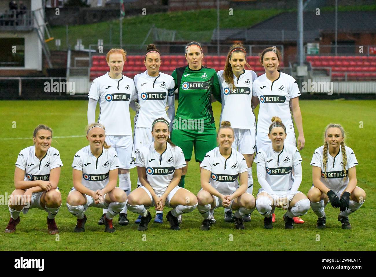 Llanelli, Wales. 5 April 2019. The Swansea City Ladies team photograph before the Welsh Premier Women's League Cup Final between Cardiff Met Women and Swansea City Ladies at Stebonheath Park in Llanelli, Wales, UK on 5 April 2019. Credit: Duncan Thomas/Majestic Media. Stock Photo