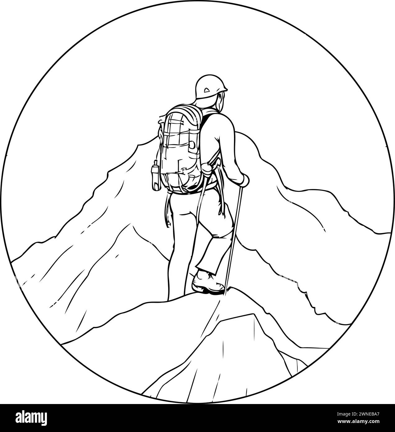 Hiking man with backpack on top of mountain. Vector illustration Stock