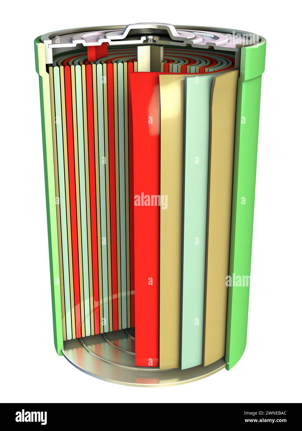 Cutaway view of a rechargeable battery. Digital illustration. Stock Photo