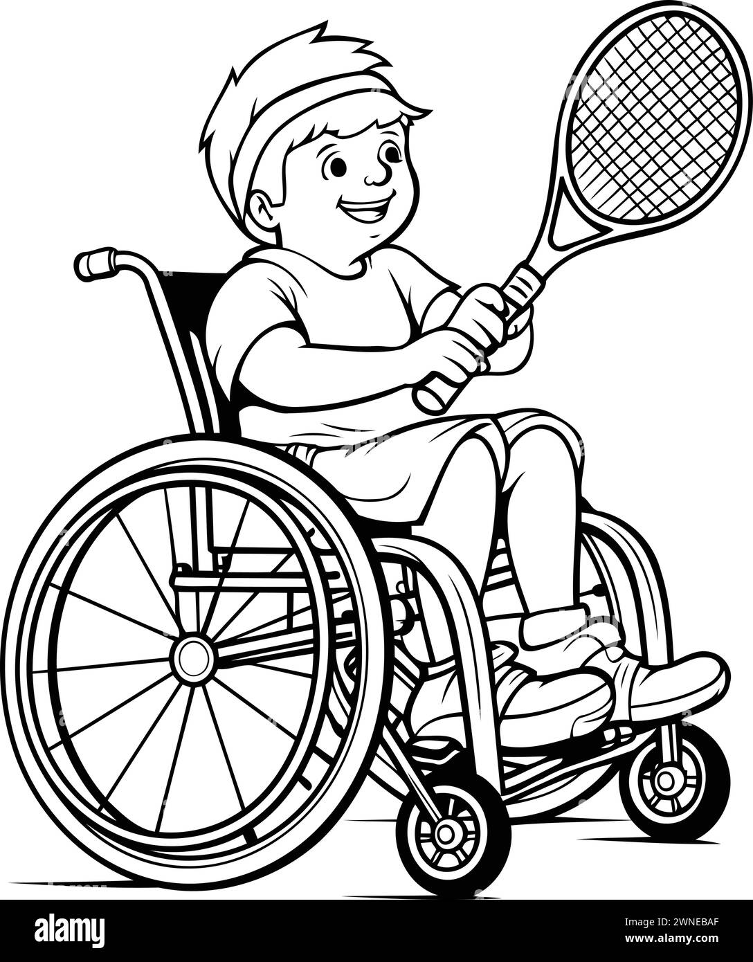 Vector illustration of a disabled boy in a wheelchair with tennis racket. Stock Vector