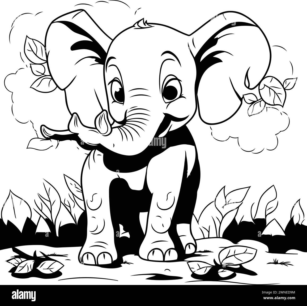 Elephant - Black and White Cartoon Illustration. Coloring Book Stock