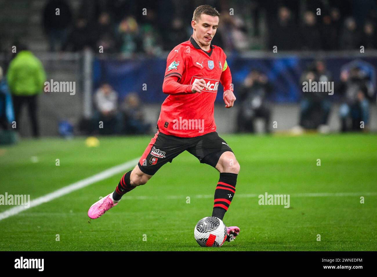 Benjamin BOURIGEAUD of Rennes during the French Cup, Quarter-Finals football match between Le Puy Foot 43 Auvergne and Stade Rennais (Rennes) on February 29, 2024 at Geoffroy Guichard stadium in Saint-Etienne, France Stock Photo