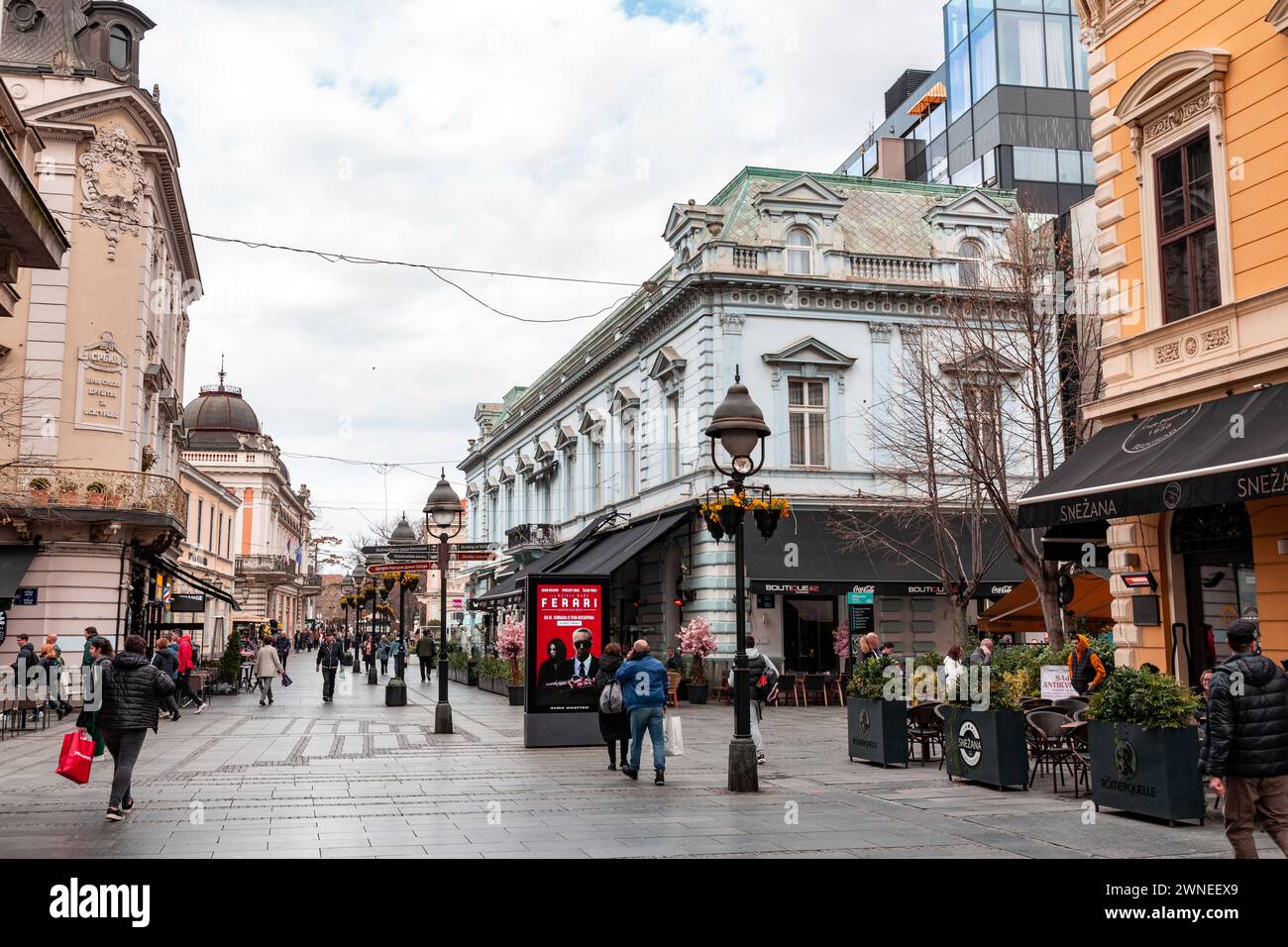 Belgrade, Serbia - 8 FEB 2024: Knez Mihailova Street is the main pedestrian and shopping zone in Belgrade, one of the oldest and most valuable landmar Stock Photo