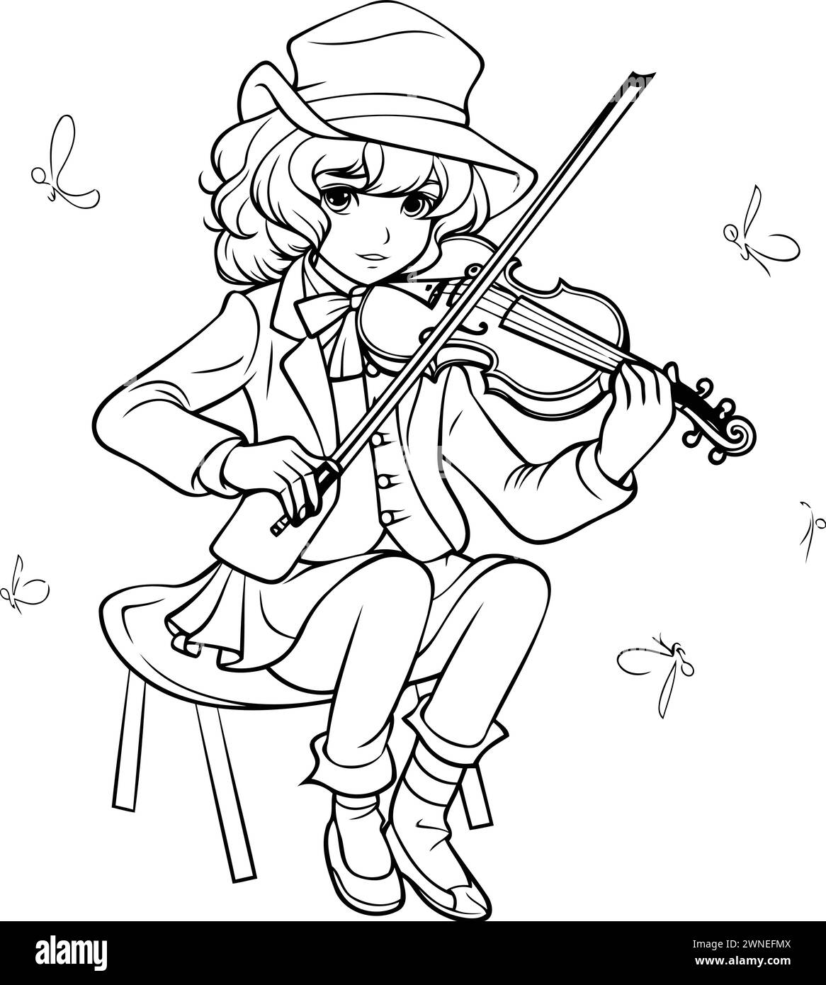 Beautiful girl in a hat with a violin. Black and white vector