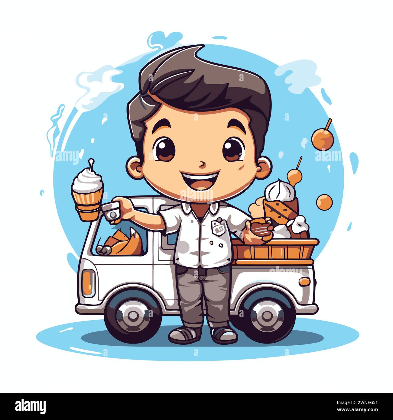 Cute boy with ice cream truck. Vector cartoon character illustration. Stock Vector