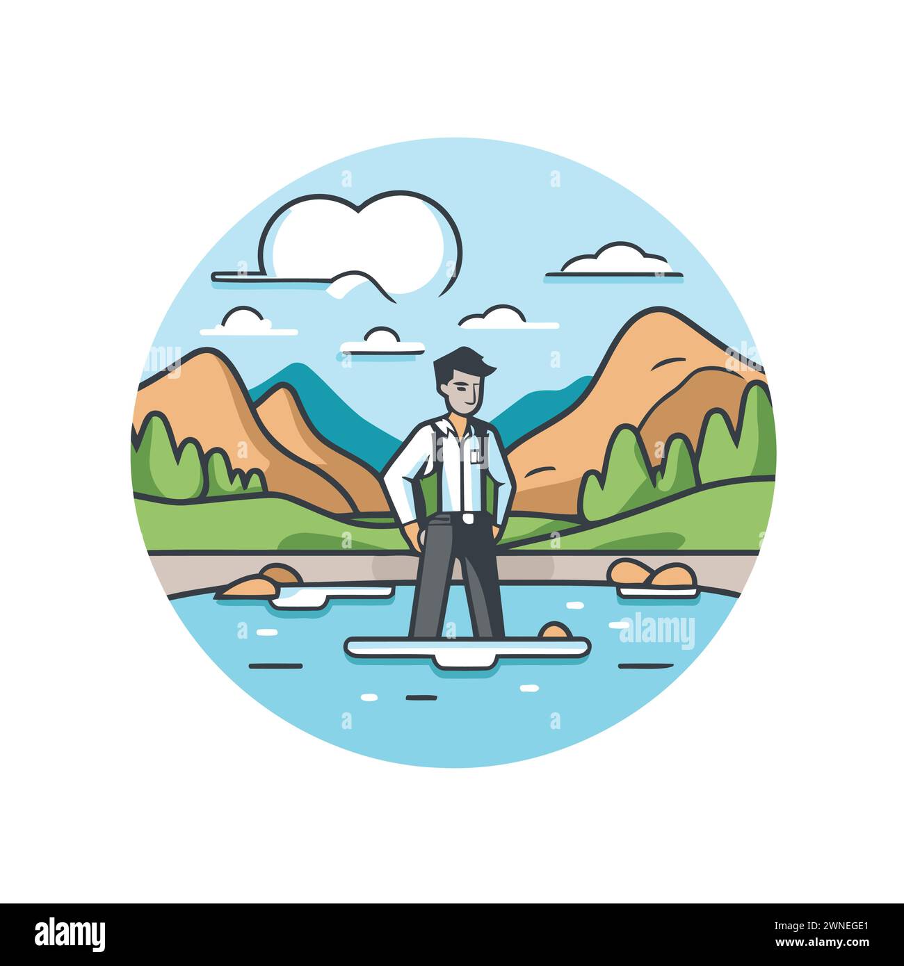 Businessman on stand up paddle board. Flat style vector illustration. Stock Vector