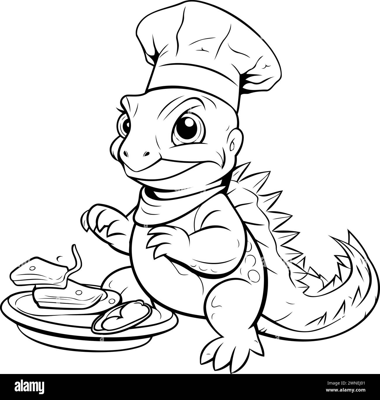 Cute crocodile chef with a plate of food. Vector illustration. Stock Vector