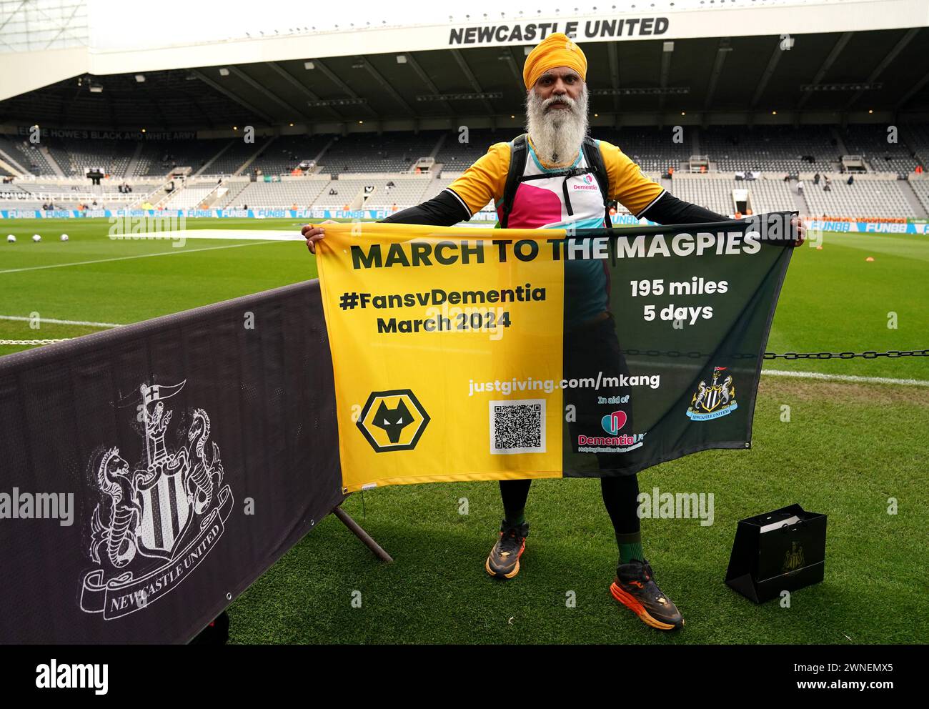 Manny Singh Kang arrives to the stadium after completing a 195 mile walk from Wolverhampton to Newcastle for the charity Dementia UK before the Premier League match at St. James' Park, Newcastle upon Tyne. Picture date: Saturday March 2, 2024. Stock Photo