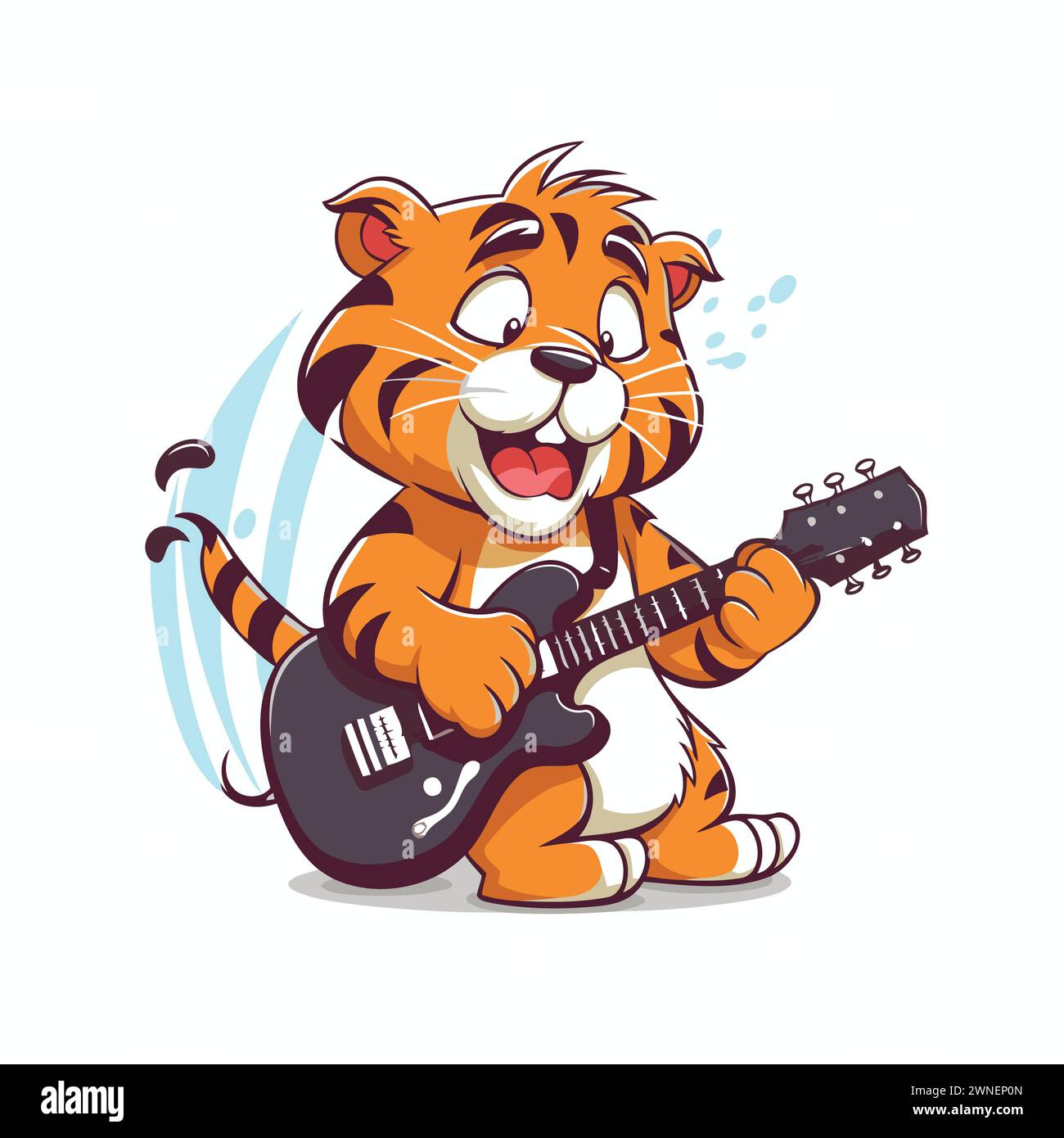 Cute tiger playing guitar. Vector illustration isolated on white
