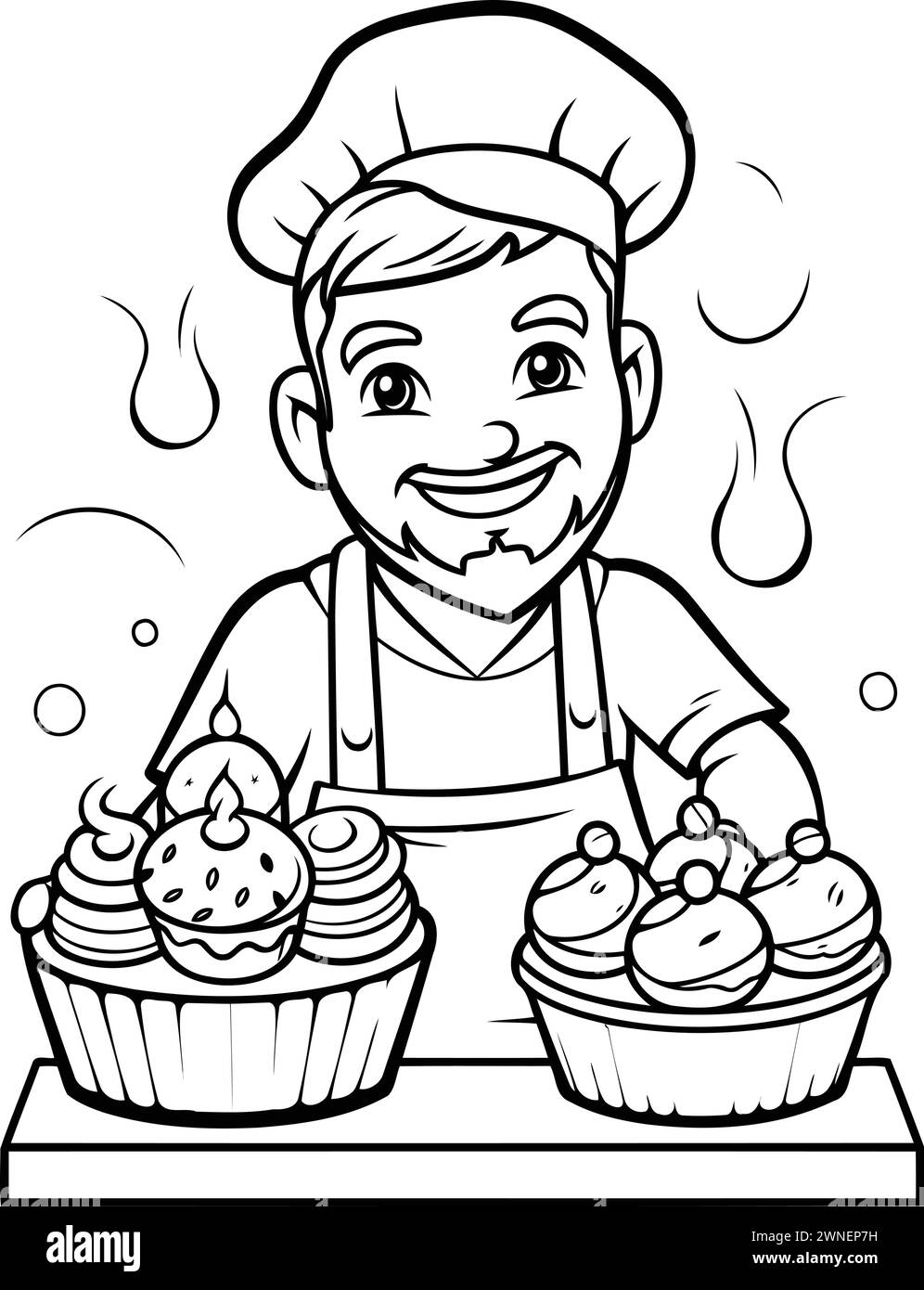 Black and White Cartoon Illustration of Happy Male Chef Character with Cupcakes for Coloring Book Stock Vector