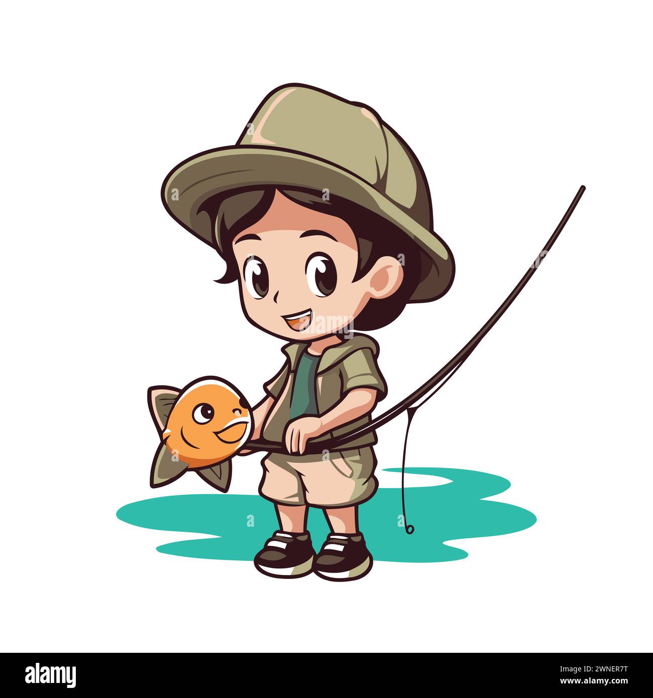 A boy catching fish with fishing pole in the pond, vintage line drawing or  engraving illustration Stock Vector Image & Art - Alamy