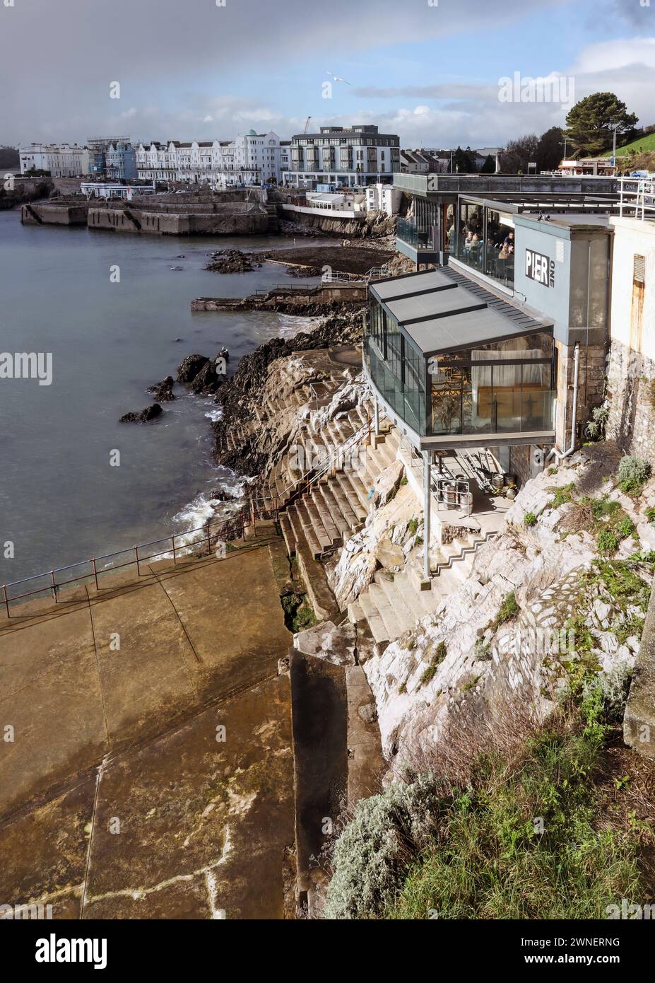 Upright image of the Pier One restaurant overlooking Plymouth Sound in Devon Stock Photo