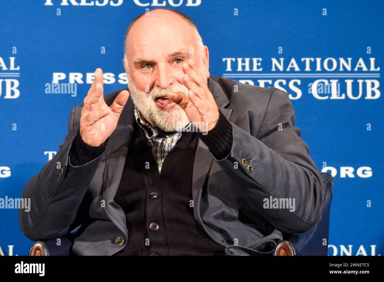 José Andrés, founder of World Central Kitchen, speaks at the National Press Club in Washington, D.C. 1 Mar. 2024 Stock Photo