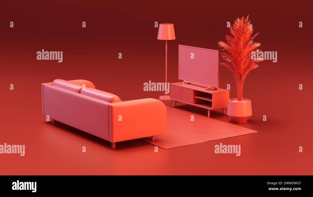 Miniature interior room with sofa, lamp, carpet, plant and TV on red background. Modern minimal concept. 3D render illustration. Stock Photo