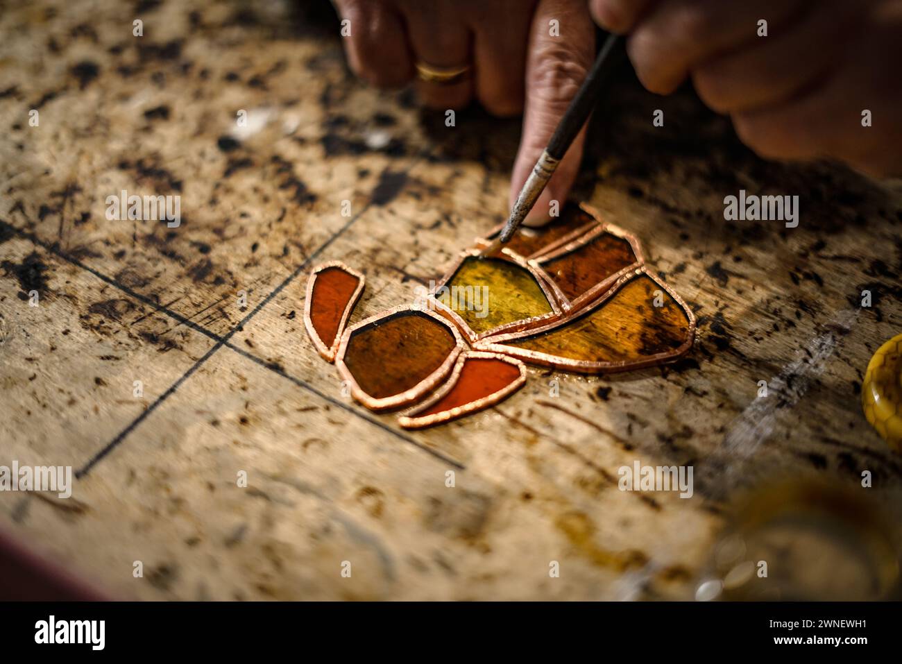Stained glass workshop. Close up Stock Photo - Alamy
