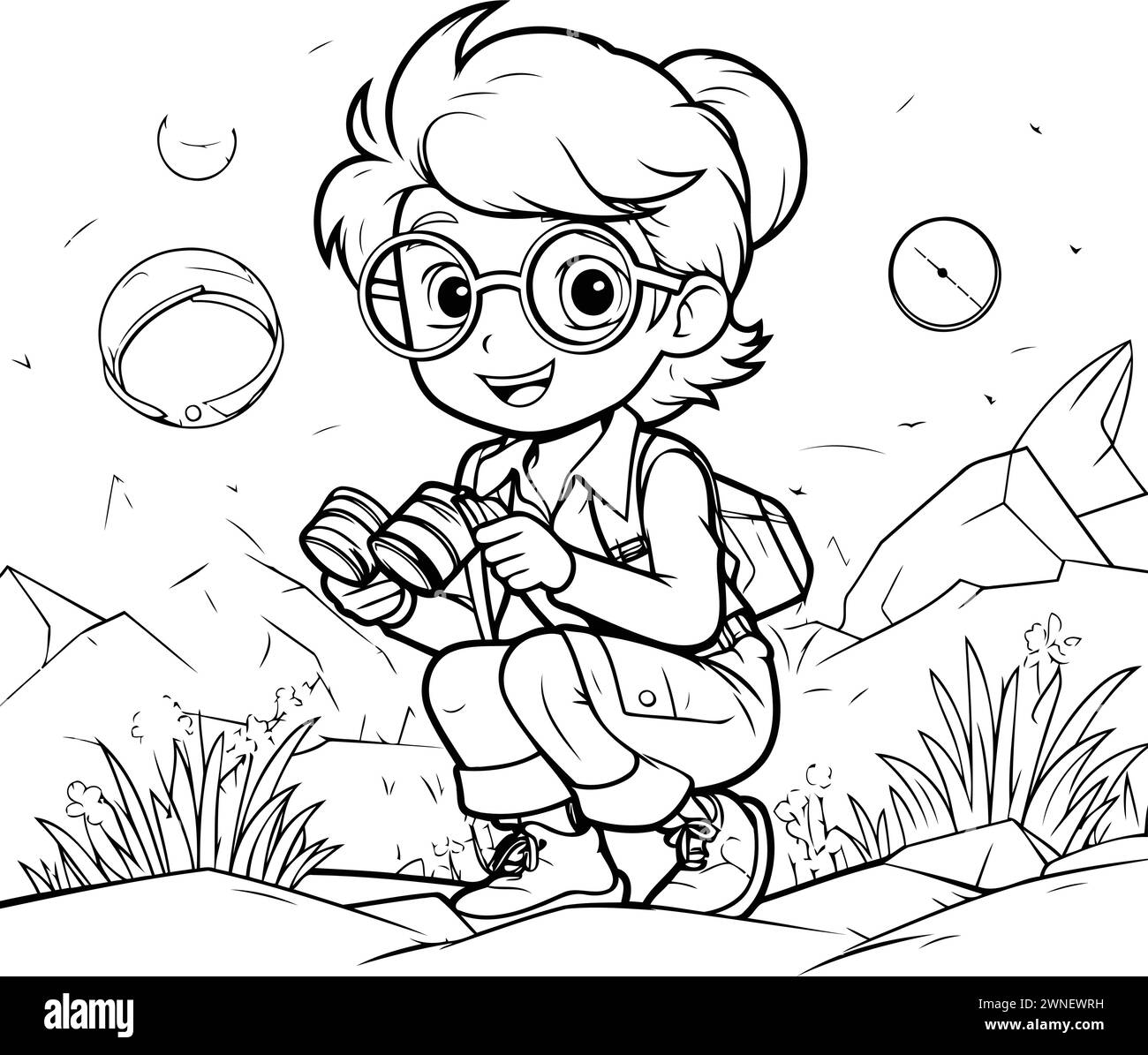Outline drawing of a boy playing in the park. Vector illustration Stock Vector