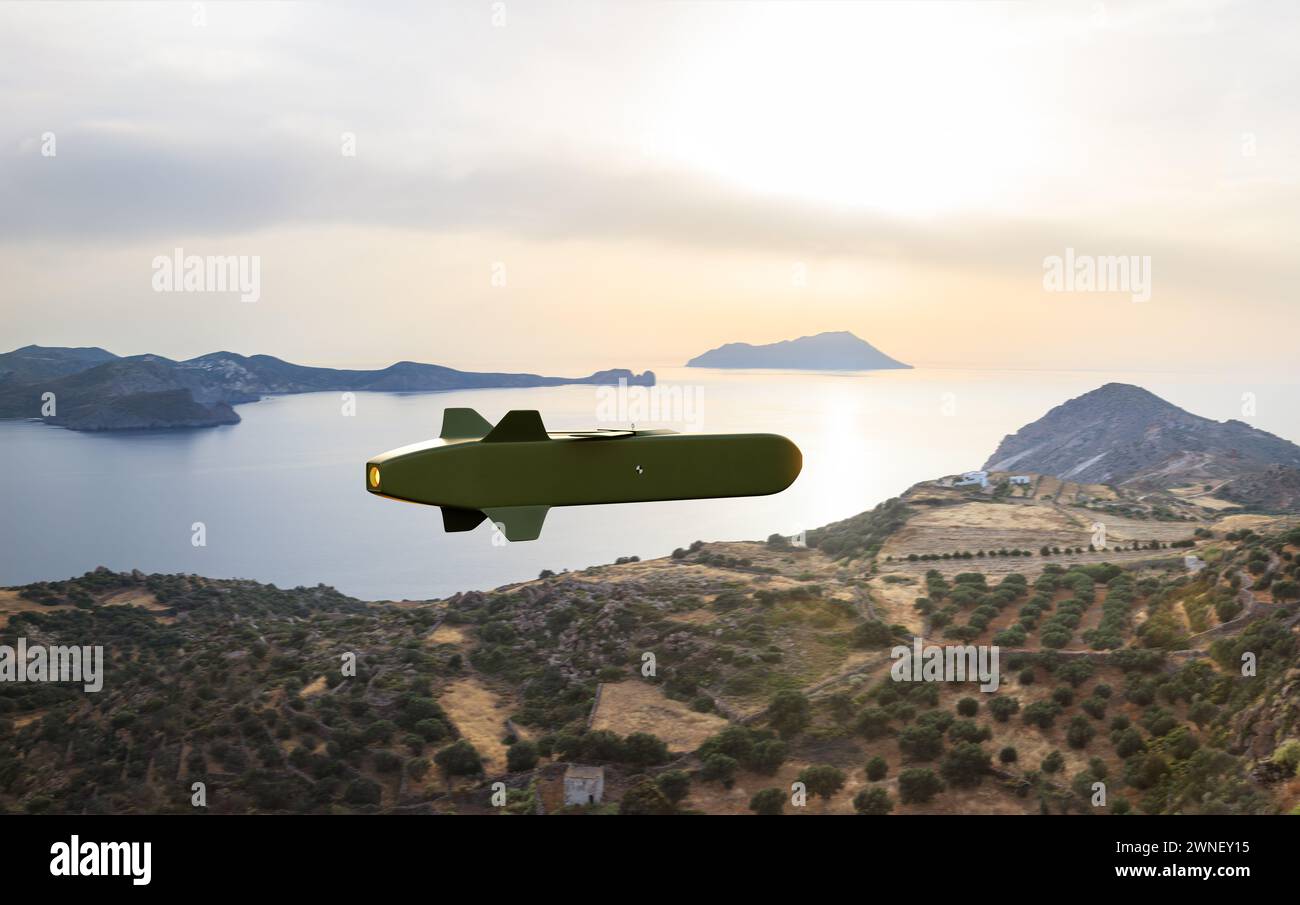 A cruise missile flying in the Mediterranean area. Motion blur on the background. Composition of a 3d render with a real landscape. Stock Photo
