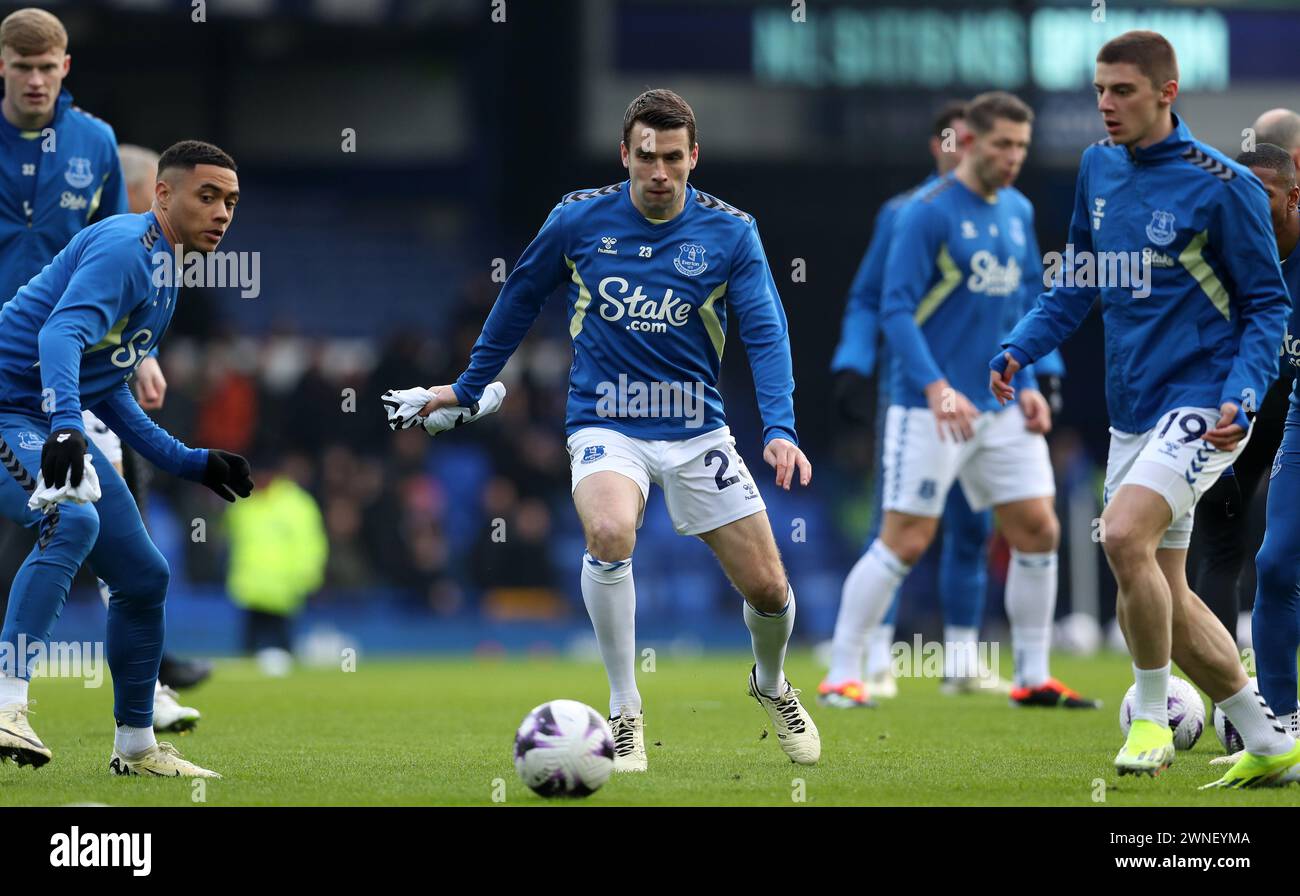 Goodison Park, Liverpool, UK. 2nd Mar, 2024. Premier League Football, Everton versus West Ham United; Seamus Coleman of Everton warms up with his team mates Credit: Action Plus Sports/Alamy Live News Stock Photo