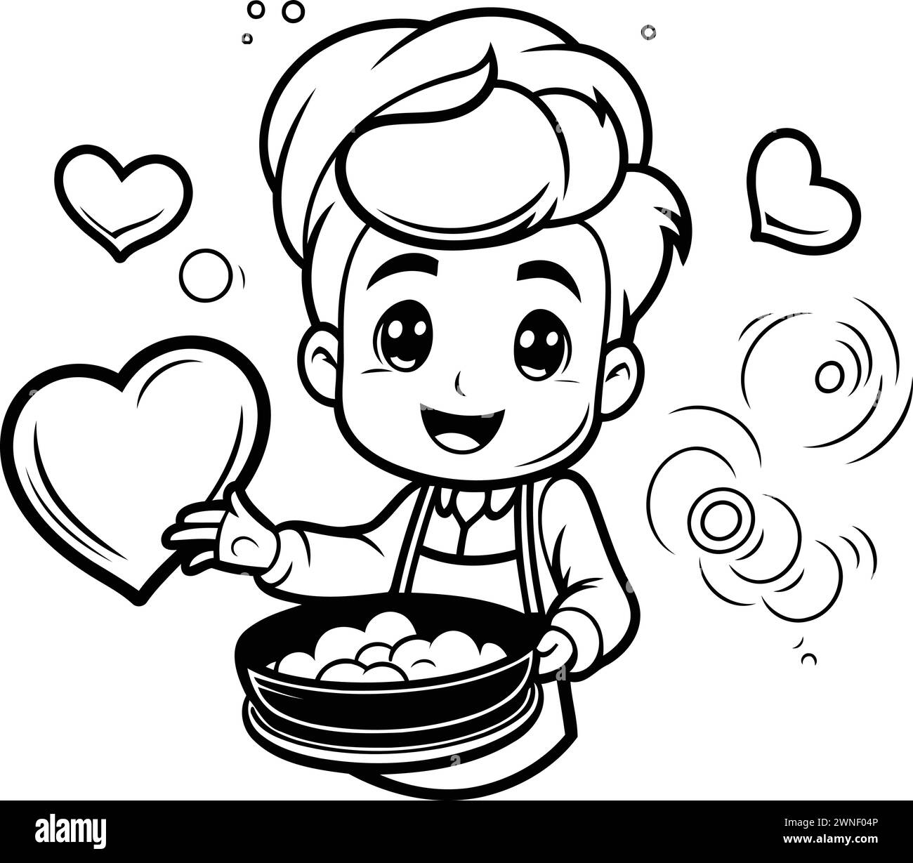 Black and White Cartoon Illustration of Cute Male Chef Holding Bowl of Food for Coloring Book Stock Vector