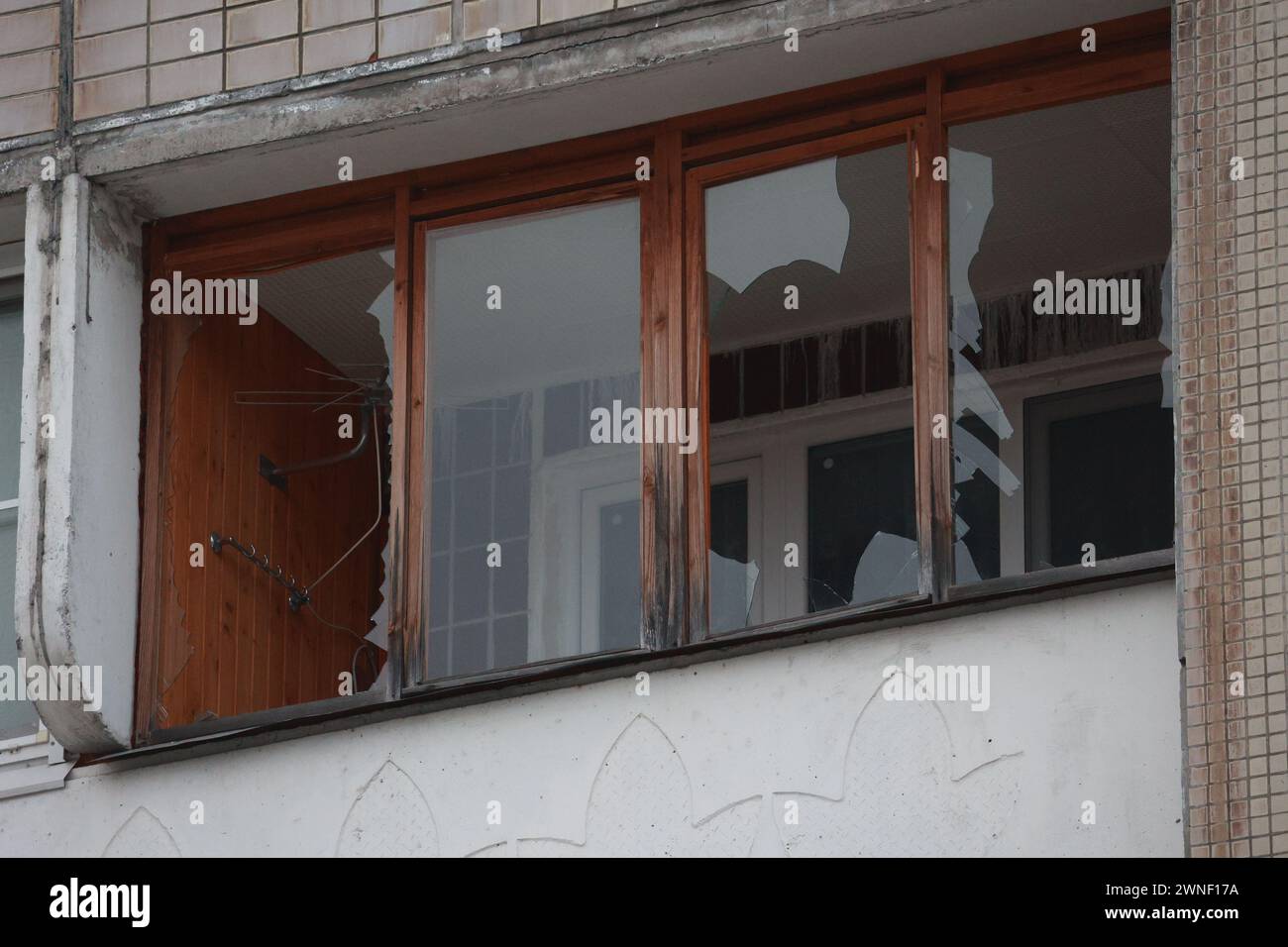 Saint Petersburg, Russia. 02nd Mar, 2024. View of broken windows of neighboring building after an alleged drone attack, which was reported by local media at Krasnogvardeisky district. The Russian Ministry of Emergency Situations take security measures around the building. Credit: SOPA Images Limited/Alamy Live News Stock Photo