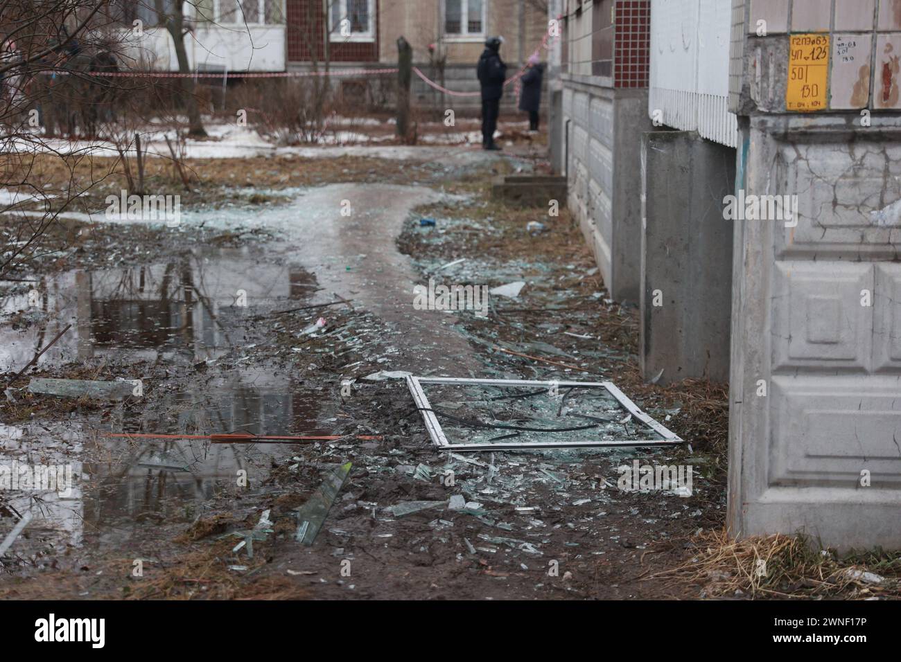 Saint Petersburg, Russia. 02nd Mar, 2024. View of a broken window on the ground after an alleged drone attack, which was reported by local media at Krasnogvardeisky district. The Russian Ministry of Emergency Situations take security measures around the building. Credit: SOPA Images Limited/Alamy Live News Stock Photo