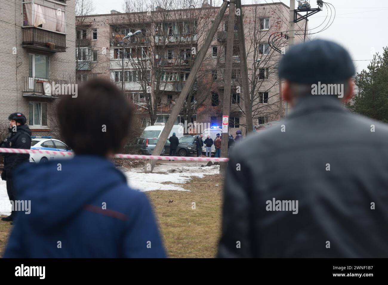 Saint Petersburg, Russia. 02nd Mar, 2024. View of a damaged residential building after an alleged drone attack, which was reported by local media at Krasnogvardeisky district. The Russian Ministry of Emergency Situations take security measures around the building. Credit: SOPA Images Limited/Alamy Live News Stock Photo