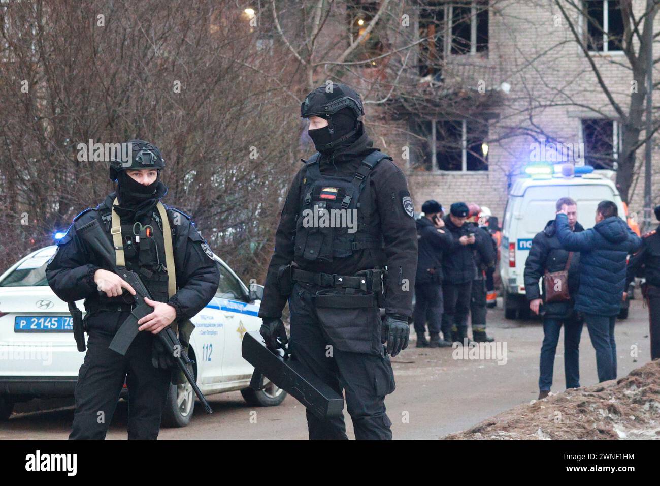 Saint Petersburg, Russia. 02nd Mar, 2024. Police officers are seen near a damaged residential building after an alleged drone attack, which was reported by local media at Krasnogvardeisky district. The Russian Ministry of Emergency Situations take security measures around the building. (Photo by Stringer/SOPA Images/Sipa USA) Credit: Sipa USA/Alamy Live News Stock Photo