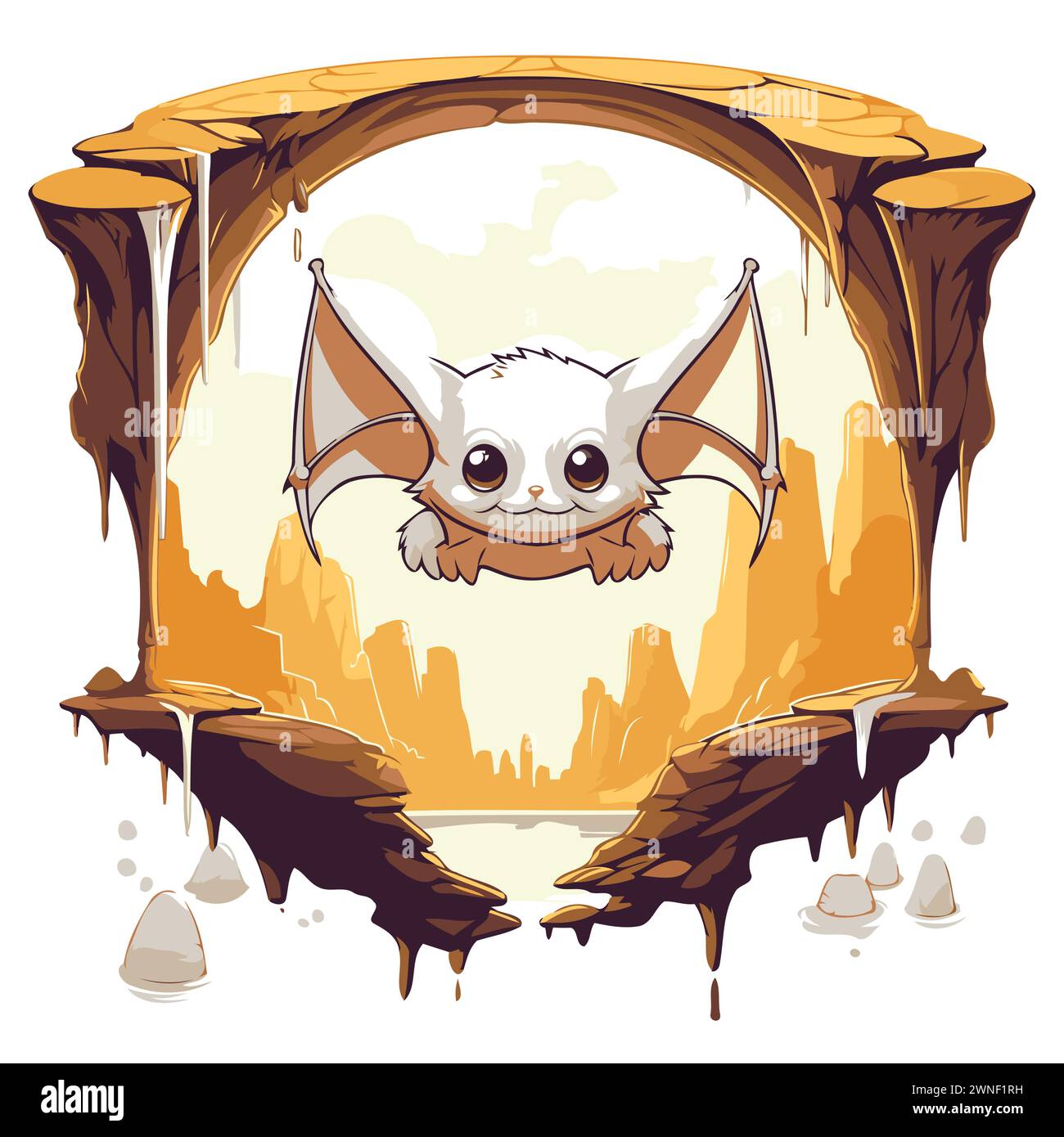 Bat in the cave. Vector illustration of a funny cartoon bat Stock