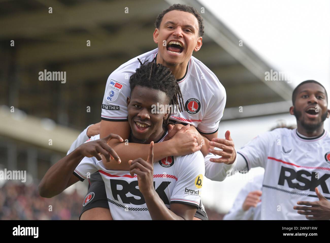 Northampton, England. 2nd Mar 2024. Karoy Anderson celebrates with Rarmani Edmunds-Green after scoring for Charlton Athletic during the Sky Bet EFL League One fixture between Northampton Town and Charlton Athletic. Kyle Andrews/Alamy Live News Stock Photo