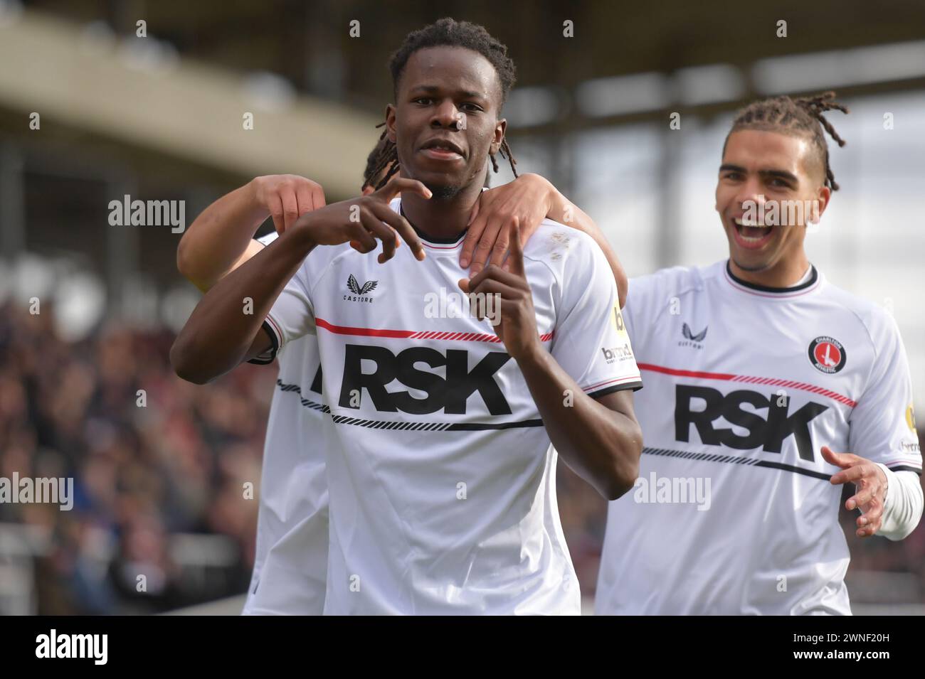 Northampton, England. 2nd Mar 2024. Karoy Anderson celebrates scoring for Charlton Athletic during the Sky Bet EFL League One fixture between Northampton Town and Charlton Athletic. Kyle Andrews/Alamy Live News Stock Photo