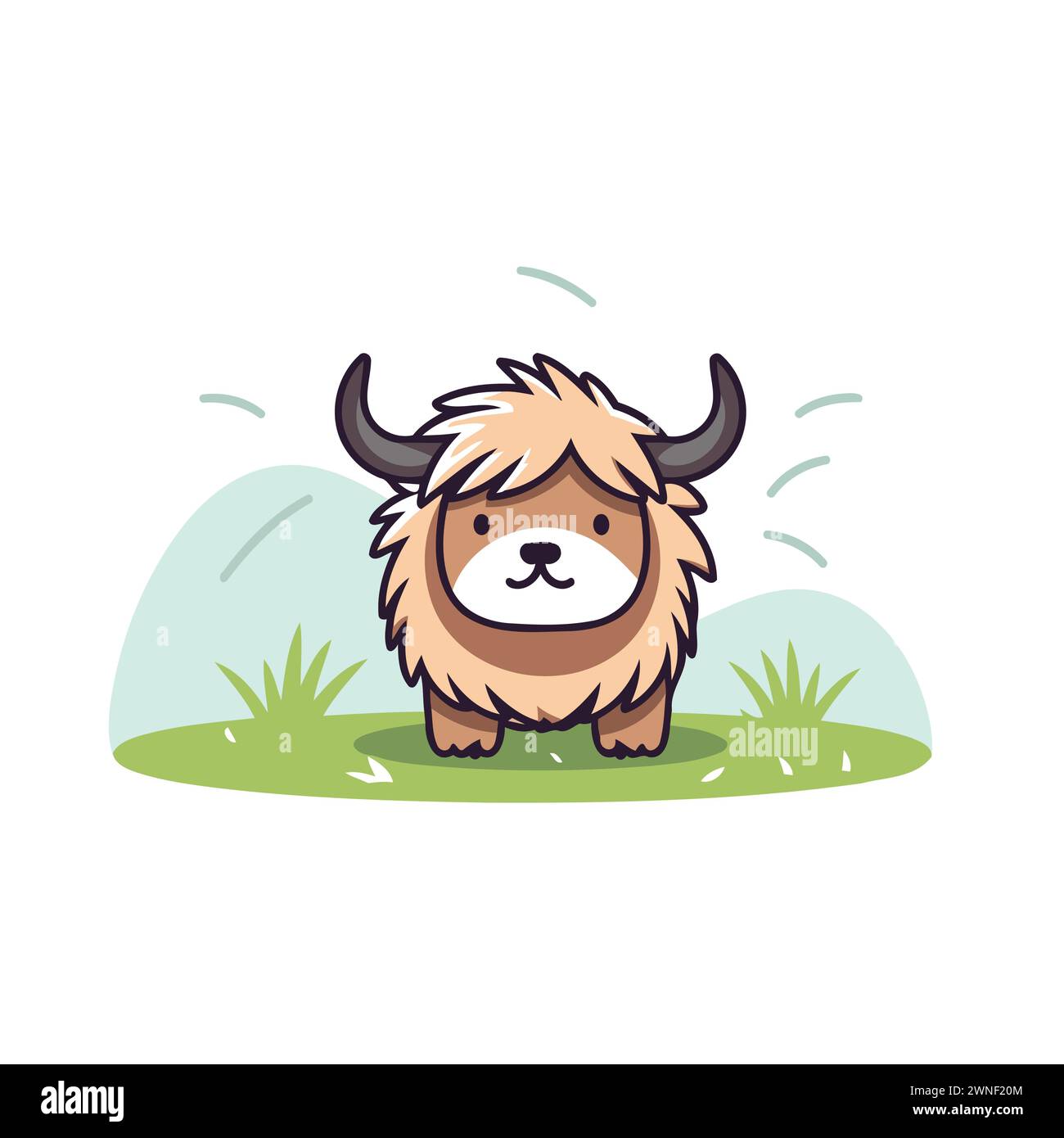 Cute cartoon yak in the grass. Vector illustration on white background. Stock Vector