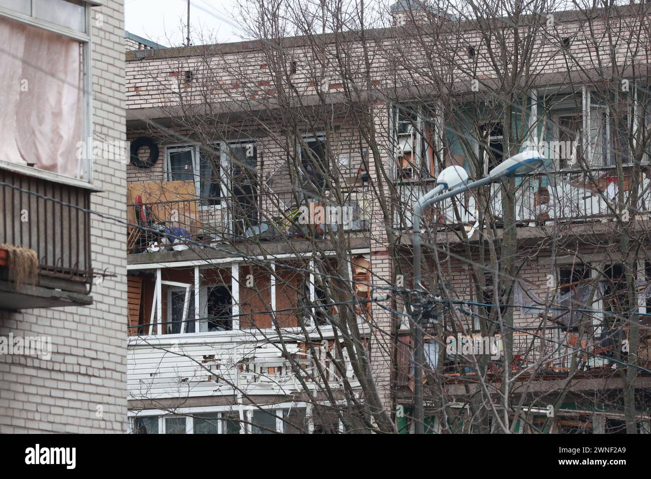 Saint Petersburg, Russia. 02nd Mar, 2024. View of a damaged residential building after an alleged drone attack, which was reported by local media at Krasnogvardeisky district. The Russian Ministry of Emergency Situations take security measures around the building. (Photo by Stringer/SOPA Images/Sipa USA) Credit: Sipa USA/Alamy Live News Stock Photo