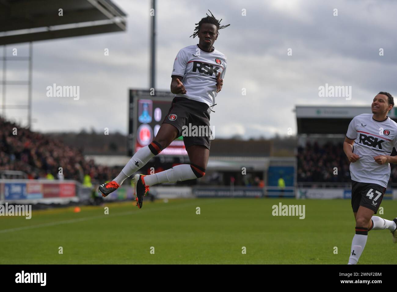 Northampton, England. 2nd Mar 2024. Karoy Anderson celebrates scoring for Charlton Athletic during the Sky Bet EFL League One fixture between Northampton Town and Charlton Athletic. Kyle Andrews/Alamy Live News Stock Photo