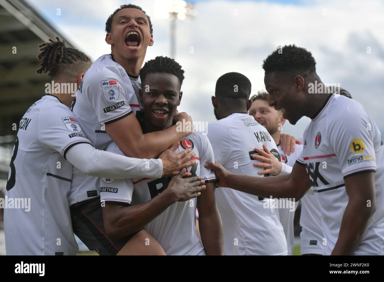 Northampton, England. 2nd Mar 2024. Karoy Anderson celebrates scoring for Charlton Athletic during the Sky Bet EFL League One fixture between Northampton Town and Charlton Athletic. Kyle Andrews/Alamy Live News Stock Photo