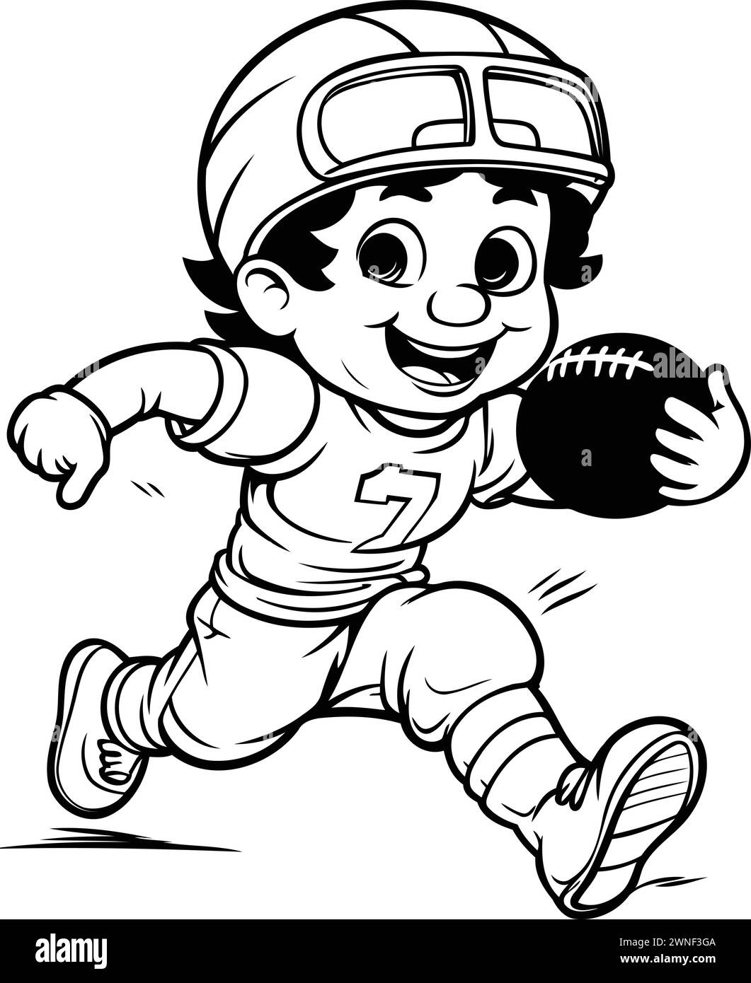 Illustration of a Little American Football Player Running with Ball - Coloring Book Stock Vector