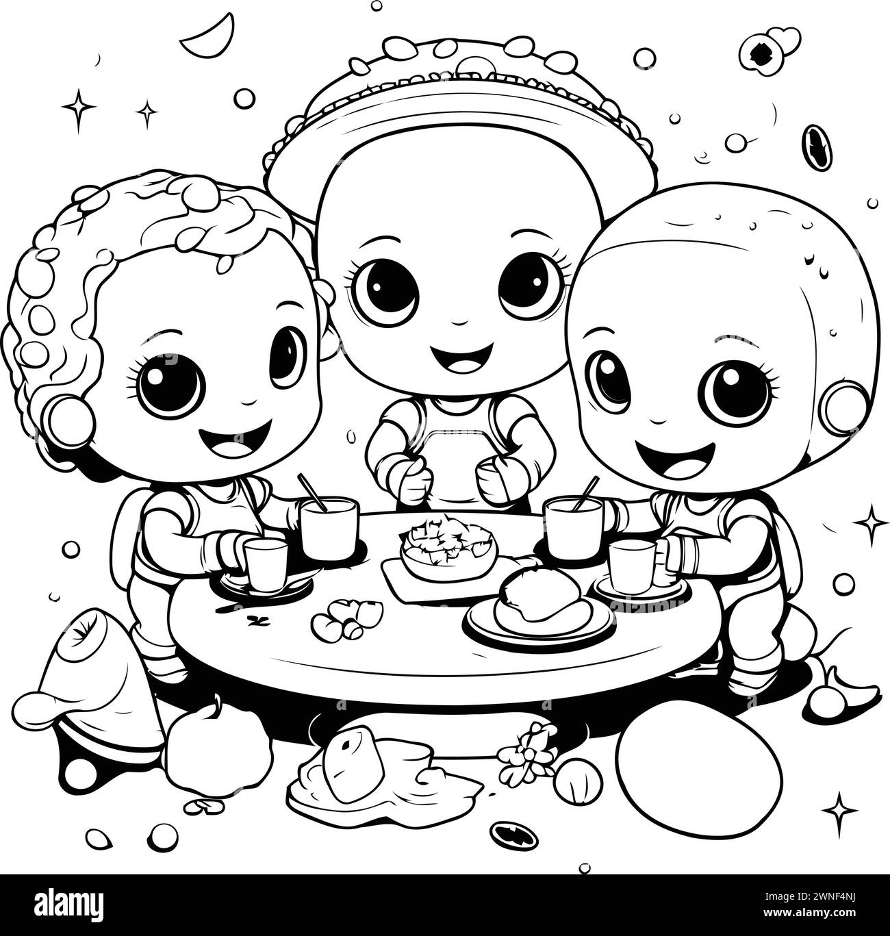 Cute cartoon children having breakfast. Vector illustration for coloring book. Stock Vector