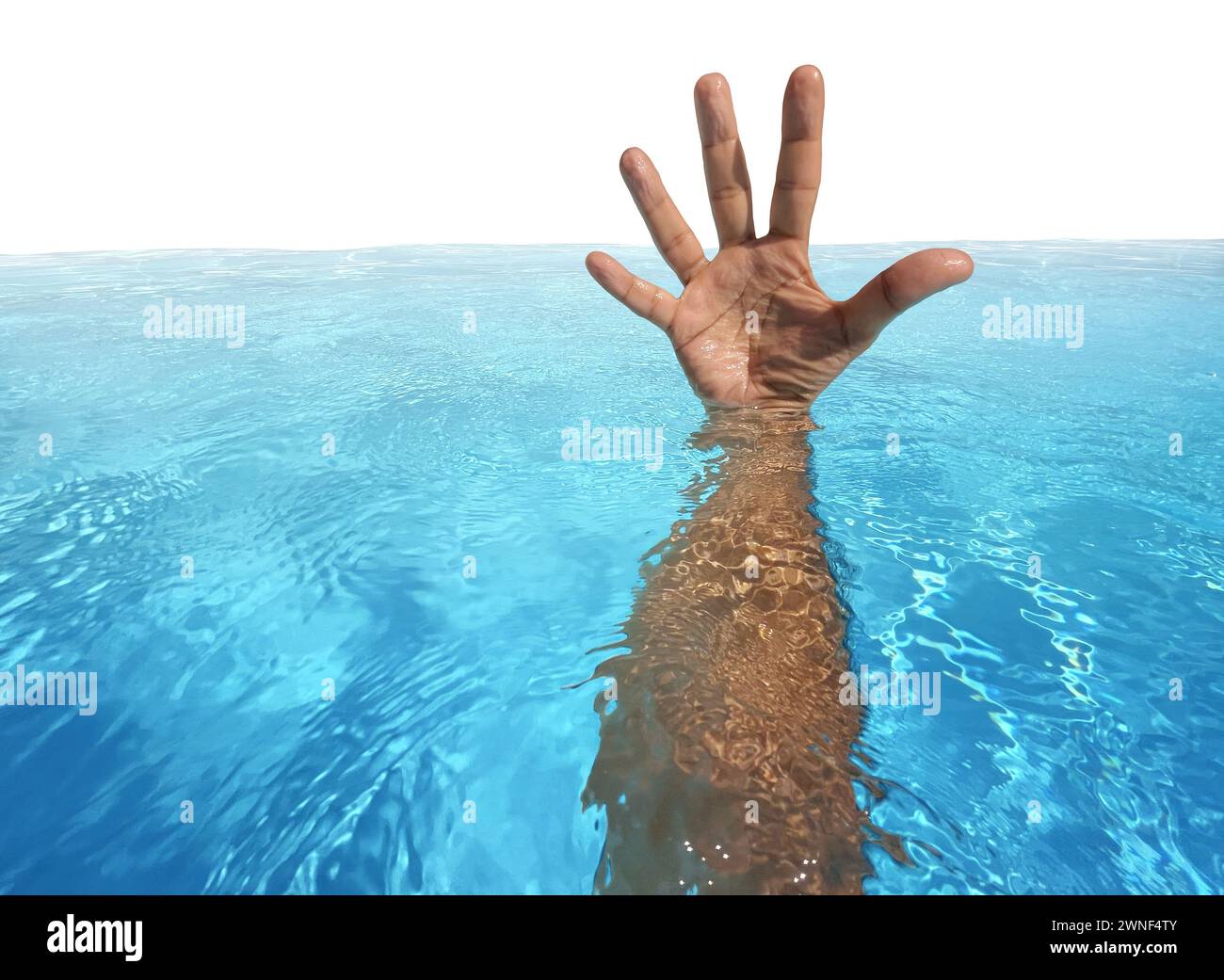 Drowning Background and Pool supervision and safety or water activity risk as a desperate human hand urgently reaching for help representing the dange Stock Photo