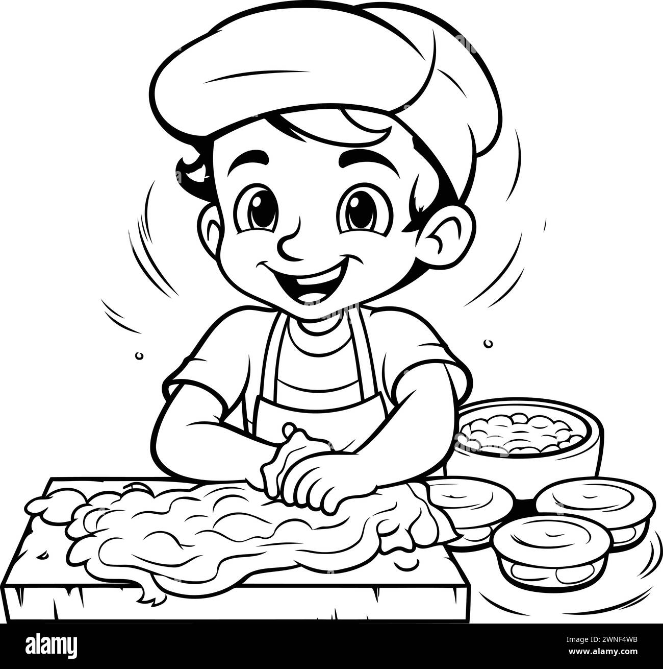 Black and White Cartoon Illustration of Cute Little Boy Cooking Food for Coloring Book Stock Vector